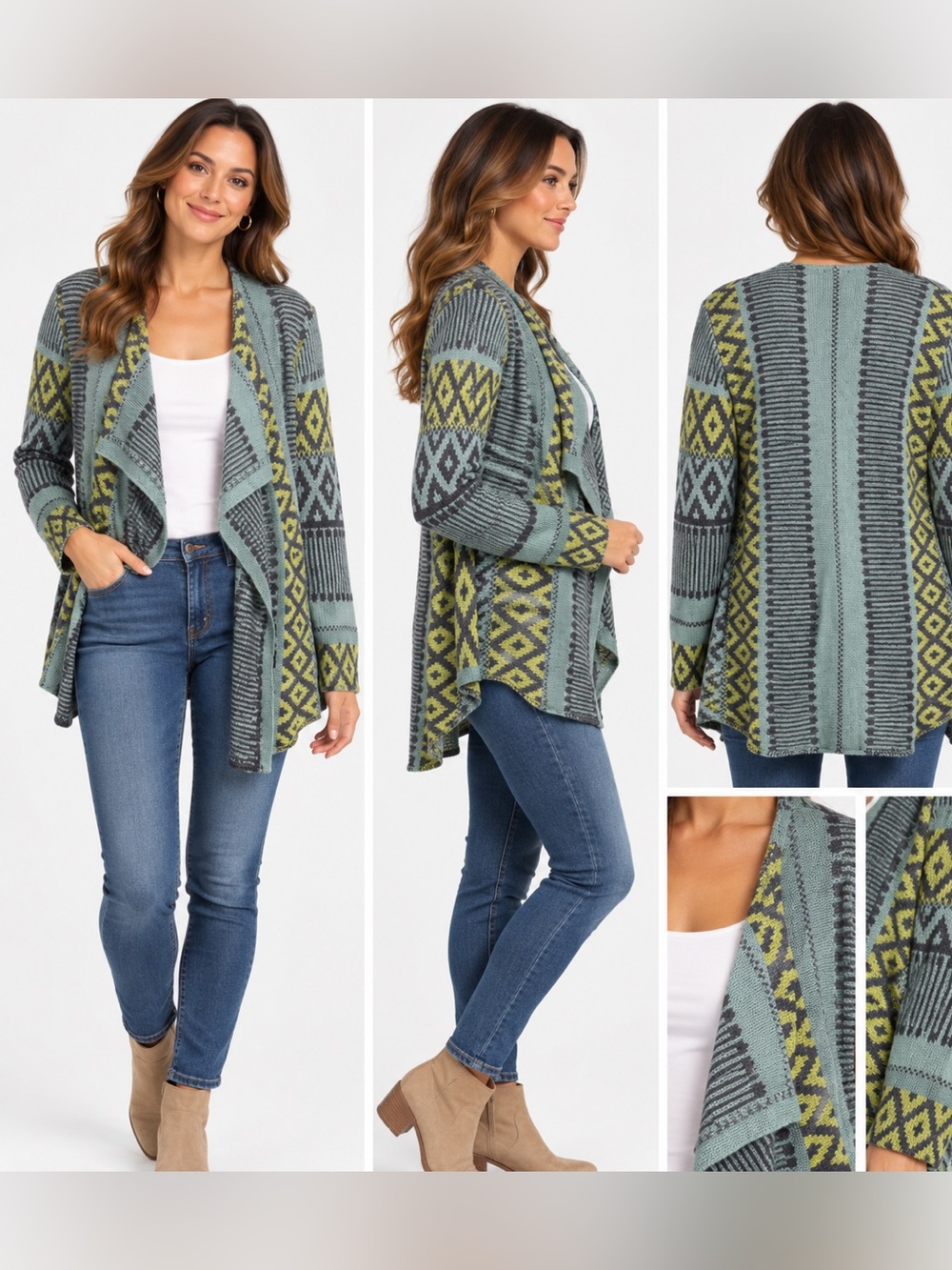 J. Jill wool nylon Alpaca Mint Olive Geometric Draped Open-Front Cardigan M
